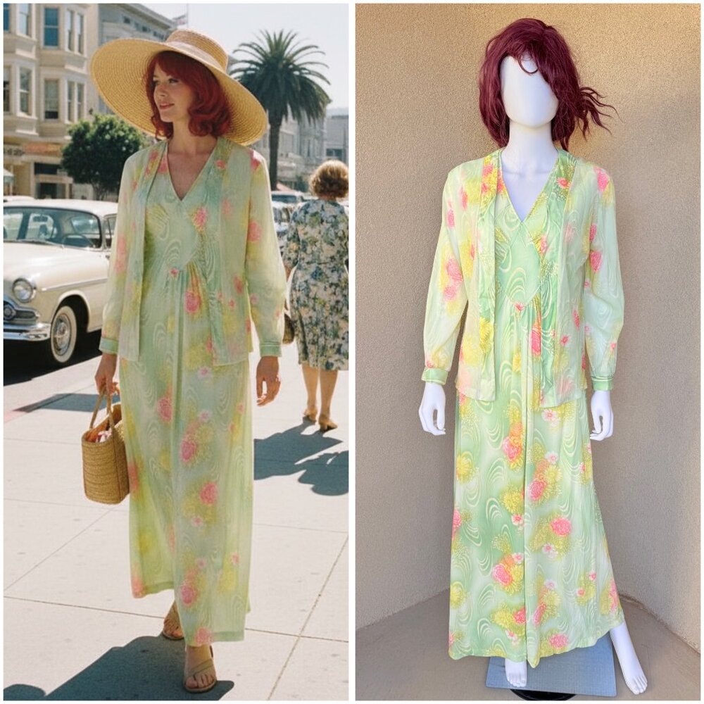 Vintage 60s Mint Meadow Daydream Maxi Dress